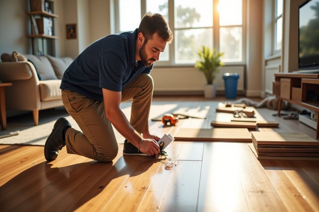 Un artisan fait la réparation d'un parquet dans une maison